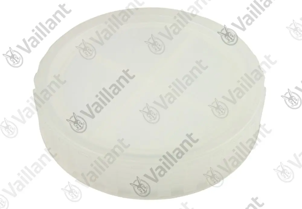 Weißer Vaillant Deckel mit runder Form und Innenrippen, geeignet für Rohranschlüsse. Klare Kunststoffoberfläche ohne sichtbare Beschriftung.